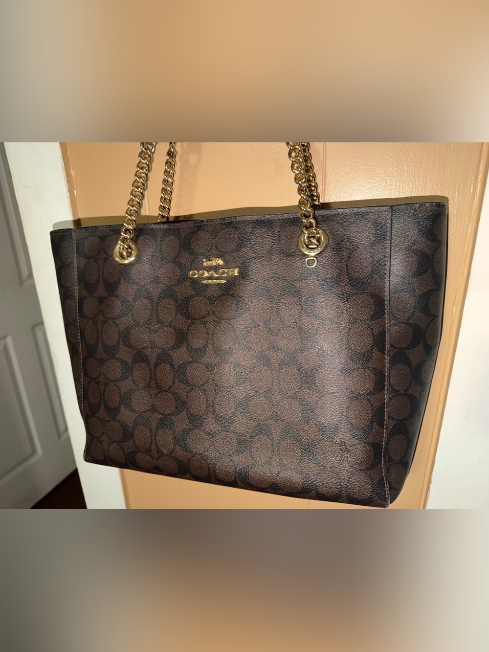 Coach Brown and Black Signature Chain-Handle Tote